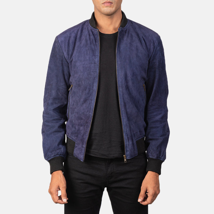 Shane Kék Suede Bőr Bomber Dzseki Férfi
