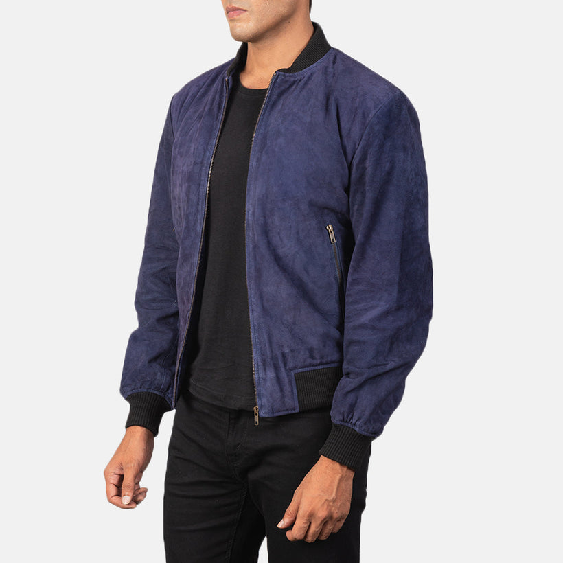 Shane Kék Suede Bőr Bomber Dzseki Férfi
