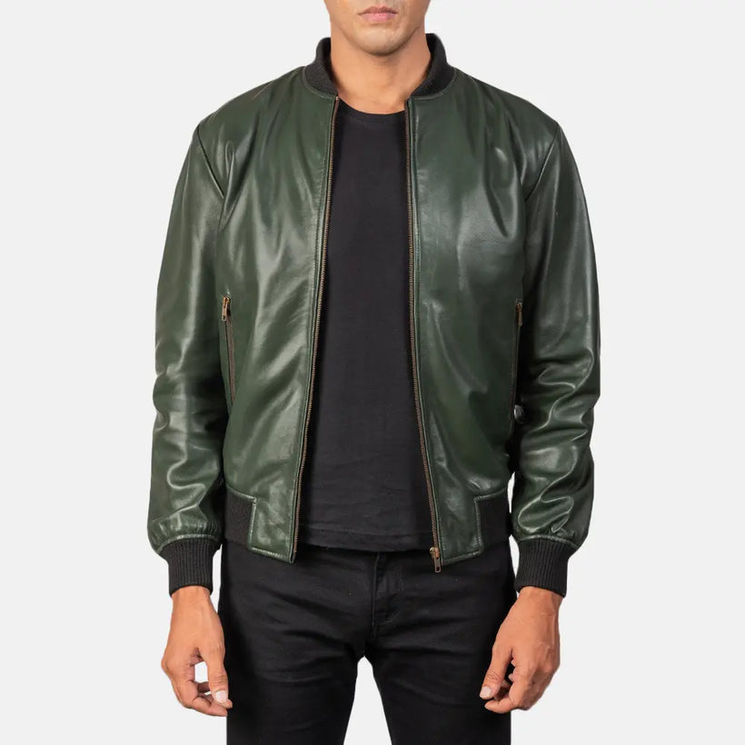 Shane Zöld Bőr Bomber Dzseki Férfi