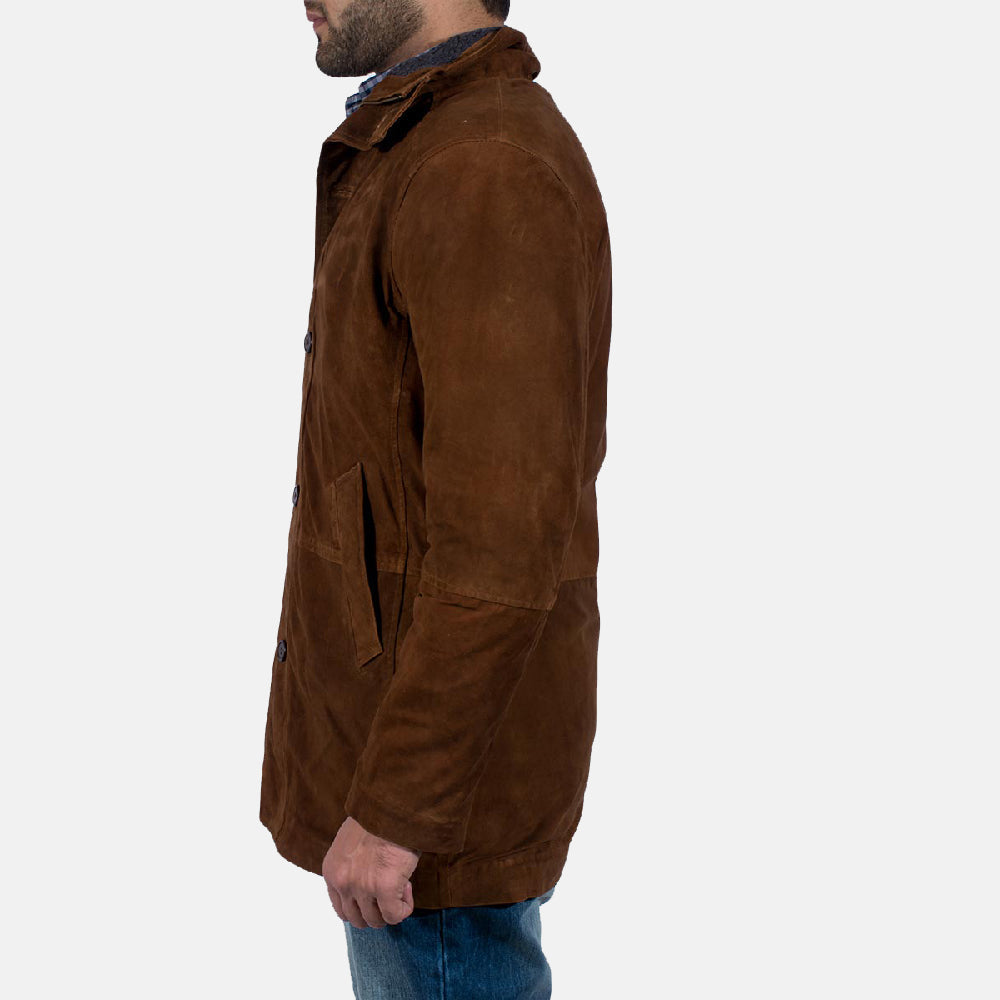 
Brown Goatskin suede Jacket - Hátulnézet precíz vállilleszkedéssel és tiszta szegéllyel
