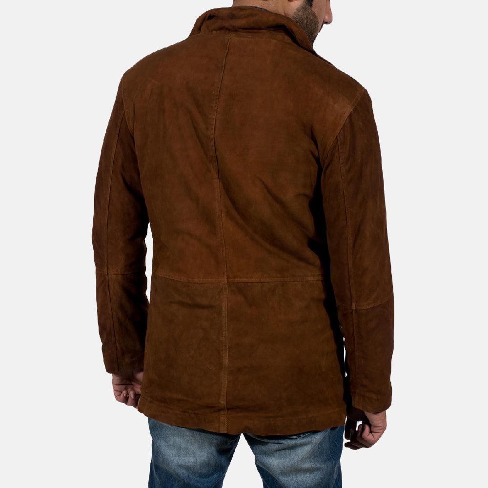 
Közeli részlet of High neck & Zipper with Button Flap Hardware on Sheriff Barna Hasított Bőr Dzseki Férfi