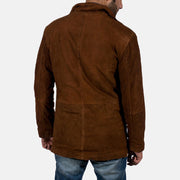 
Közeli részlet of High neck & Zipper with Button Flap Hardware on Sheriff Barna Hasított Bőr Dzseki Férfi