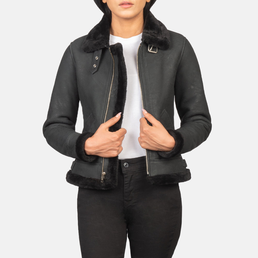 
Sherilyn B-3 Distressed Black Leather Bomber Jacket in Distressed Black Sheepskin Snuffed - Elölnézet & testre szabott sziluett | Online vásárlás