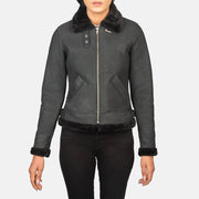 
Közeli részlet of Buckled Collar & Zipper Hardware on Sherilyn B-3 Distressed Black Leather Bomber Jacket