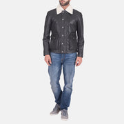 
Közeli részlet of Shirt style Faux Shearling Collar & Zipper + Button Flap Hardware on Snow Cole Fekete Bőrdzseki Férfi