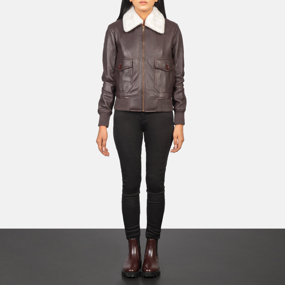 
Stella G-1 Maroon Leather Bomber Jacket - Oldalnézet az ergonomikus ujjkialakítással