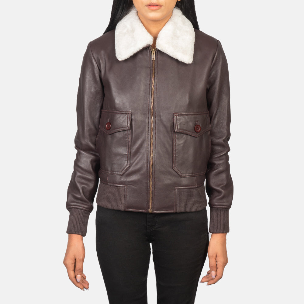 
Közeli részlet of Shirt with Removable Collar & Zipper Hardware on Stella G-1 Maroon Leather Bomber Jacket