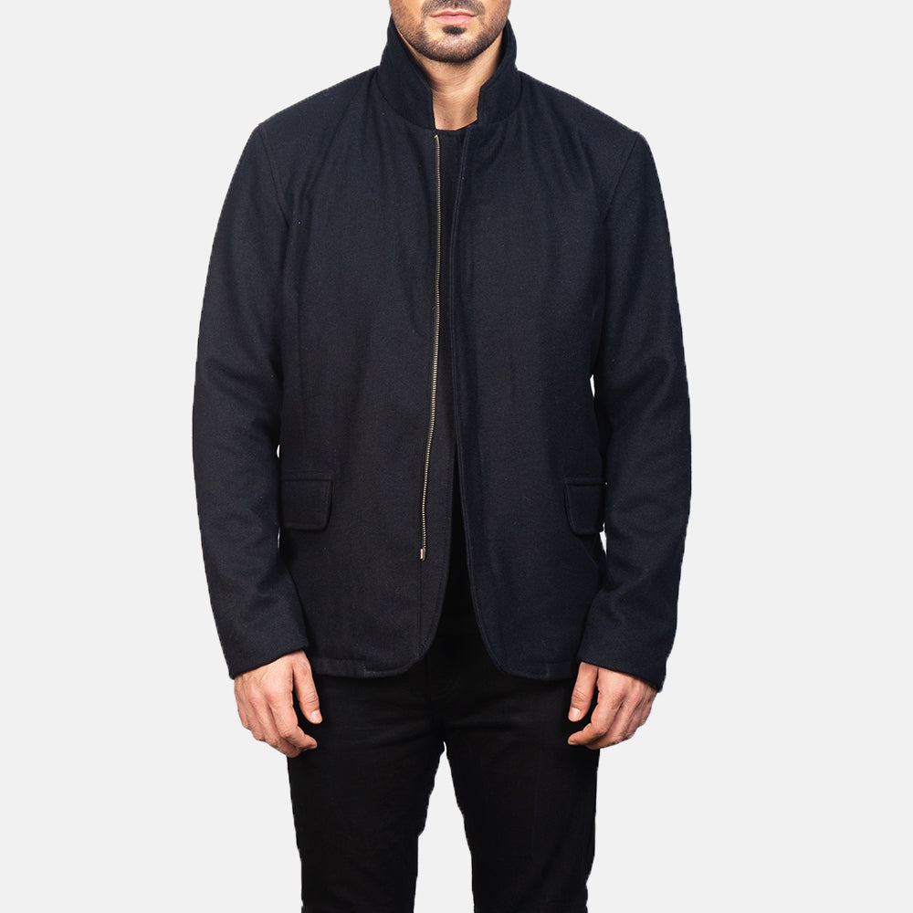 Men's Thomas Black Wool Jacket in Black Synthetic Wool - Front Profile View &amp; Tailored Silhouette | Buy Online