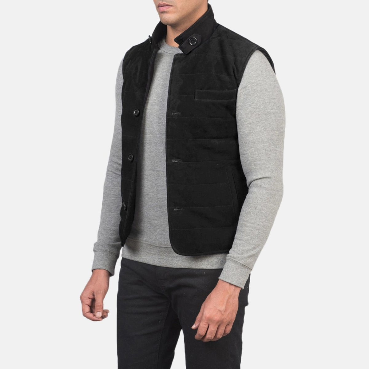 
Black Goatskin Suede Leather Vest - Hátulnézet precíz vállilleszkedéssel és tiszta szegéllyel