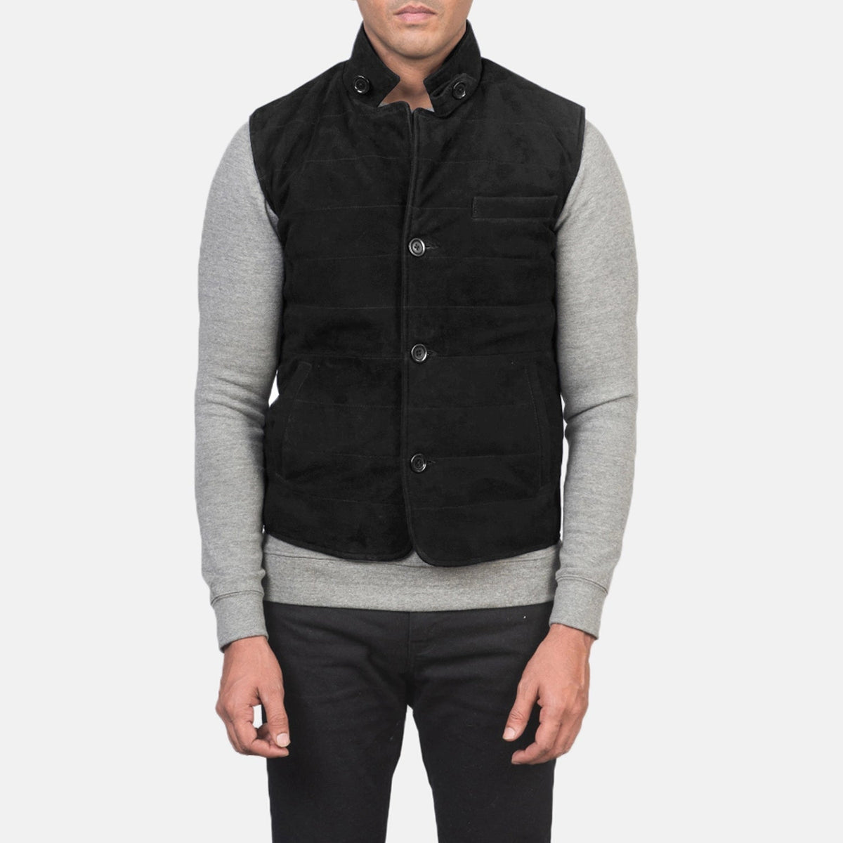 
Közeli részlet of Notch with removable throat latch & Button Hardware on Tony Fekete Suede Vest Férfi