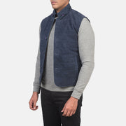 
Blue Goatskin Suede Leather Vest - Hátulnézet precíz vállilleszkedéssel és tiszta szegéllyel