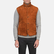 Close-Up Detail of Notch with removable throat latch &amp; Button Hardware on Men's Tony Brown Suede Vest