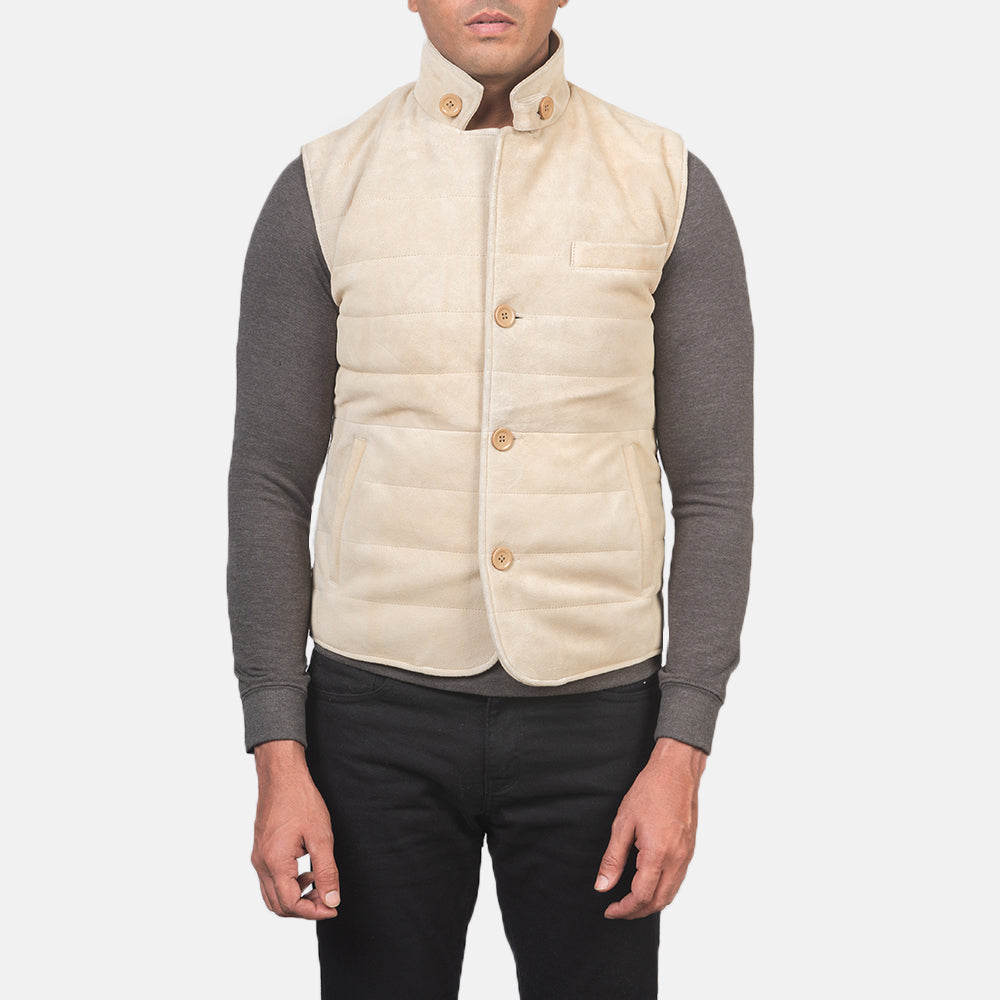 
Közeli részlet of Notch with removable throat latch & Button Hardware on Tony Off-White Suede Vest Férfi Férfi
