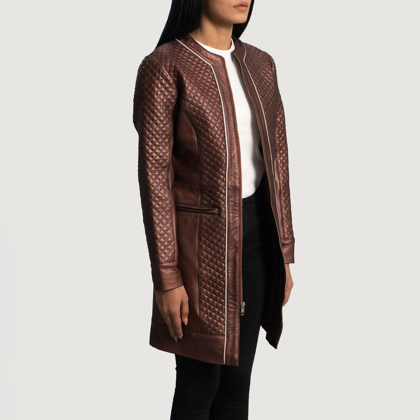 Trudy Lane Quilted Maroon Leather Coat női