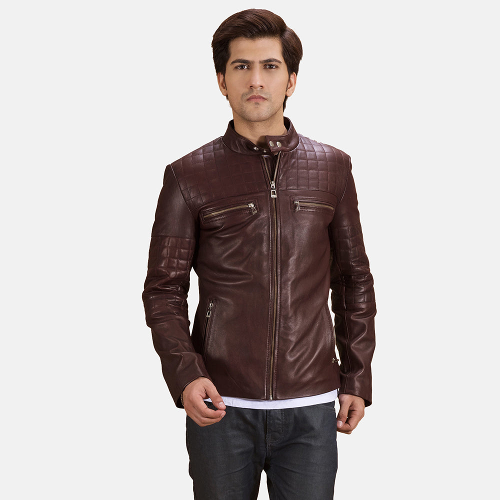 
Urbane Steppelt Gesztenyebarna Bőr Motoros Dzseki Férfi in Maroon Sheepskin Leather - Elölnézet & testre szabott sziluett | Online vásárlás