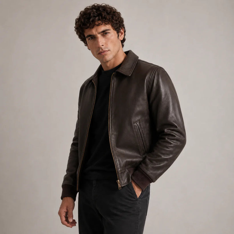 Dark Barna Sheepskin Bőr Bomber Dzseki Férfi