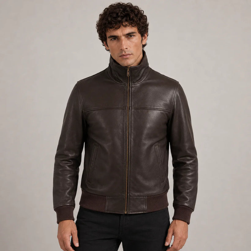 Dark Barna Sheepskin Bőr Bomber Dzseki Férfi
