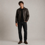 Dark Brown Sheepskin Leather Bomber Jacket - Lateral Side Profile View Showing Sleeve Cut &amp; Athletic Taper Fit