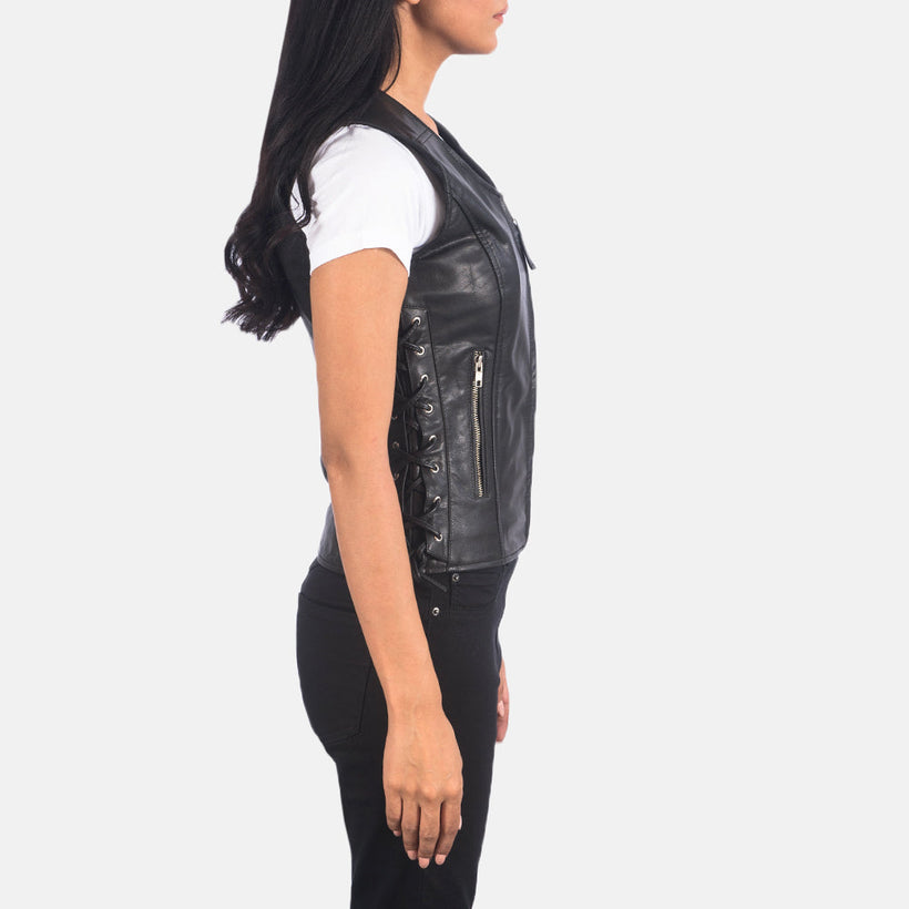 Vanda Fekete Leather Biker Vest Női