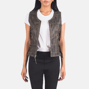 
Vanda Distressed Barna Leather Biker Vest Női in Distressed Brown Goatskin Leather - Elölnézet & testre szabott sziluett | Online vásárlás