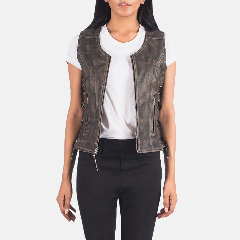 Vanda Distressed Barna Leather Biker Vest női
