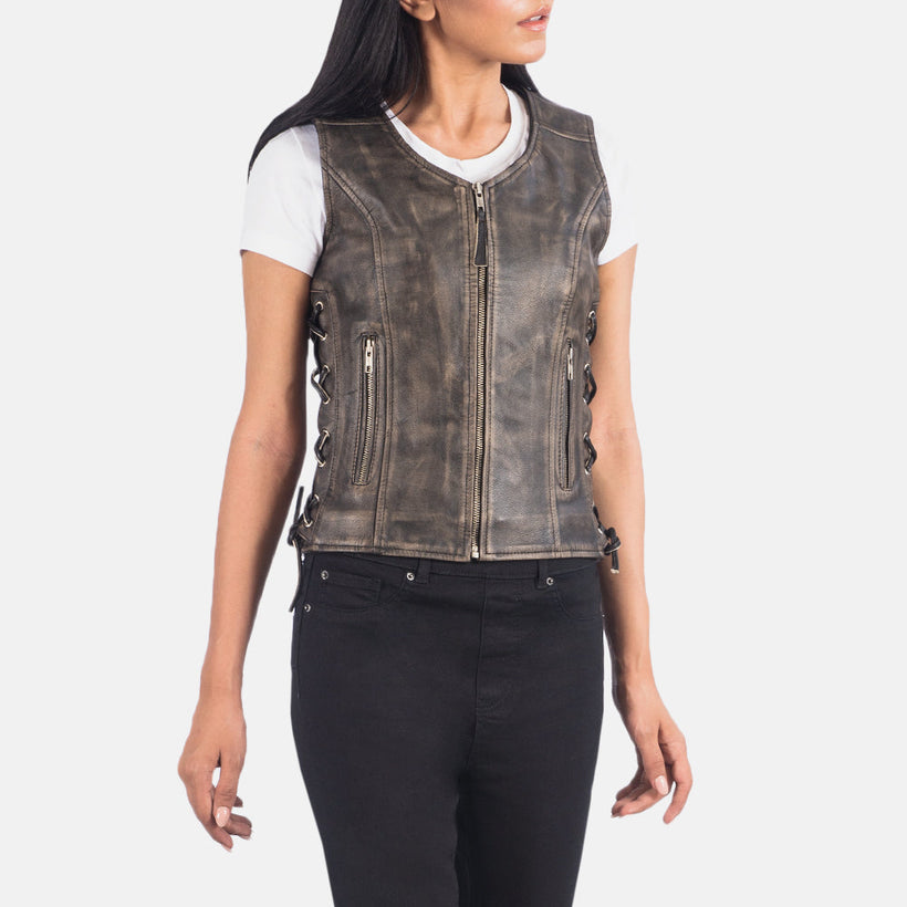 Vanda Distressed Barna Leather Biker Vest női