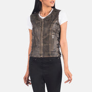 
Közeli részlet of V-neck & Zipper Hardware on Vanda Distressed Barna Leather Biker Vest Női