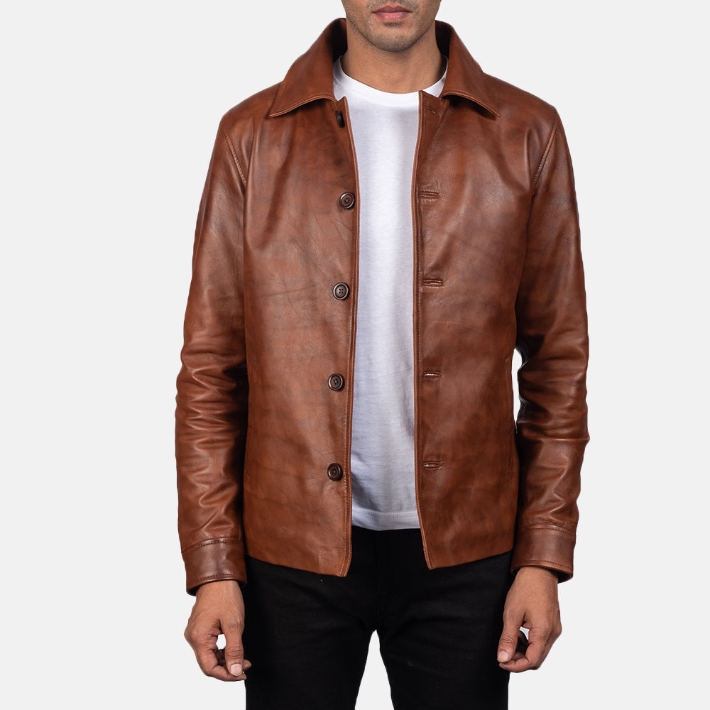 
Waffle Barna Bőrdzseki Férfi in Distressed Brown Sheepskin Burnishing - Elölnézet & testre szabott sziluett | Online vásárlás