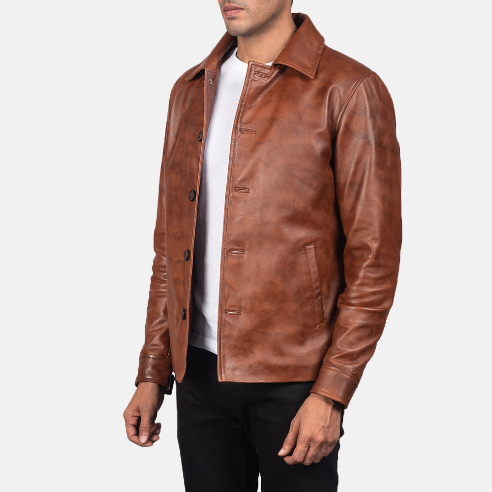 
Distressed Brown Sheepskin Burnishing Leather Jacket - Hátulnézet precíz vállilleszkedéssel és tiszta szegéllyel