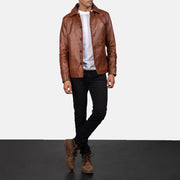 
Közeli részlet of Shirt & Button Hardware on Waffle Barna Bőrdzseki Férfi