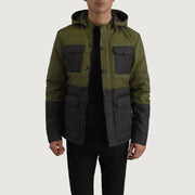 
Wayne Fekete & Zöld Hooded Puffer Bőrdzseki Férfi in Black + Green Full-Grain Leather - Elölnézet & testre szabott sziluett | Online vásárlás
