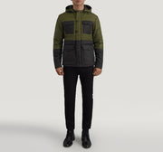 
Wayne Fekete & Zöld Hooded Puffer Bőrdzseki Férfi - Oldalnézet az ergonomikus ujjkialakítással