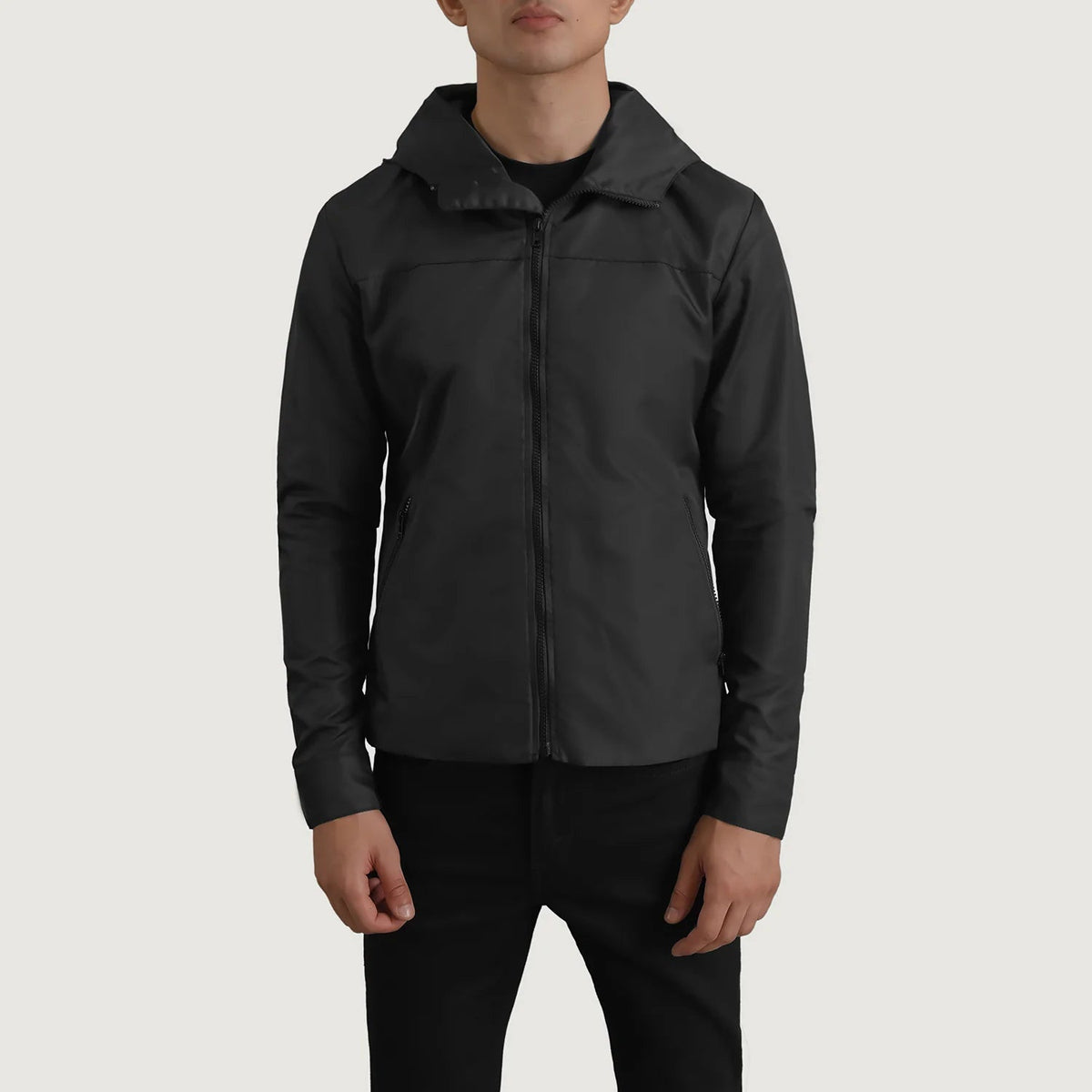 
Közeli részlet of Classic Collar & Zipper With Inside Wind Flap. Hardware on Wesley Fekete Hooded Windbreaker Bőrdzseki Férfi