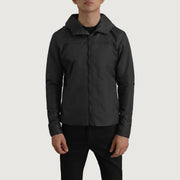 
Közeli részlet of Classic Collar & Zipper With Inside Wind Flap. Hardware on Wesley Fekete Hooded Windbreaker Bőrdzseki Férfi