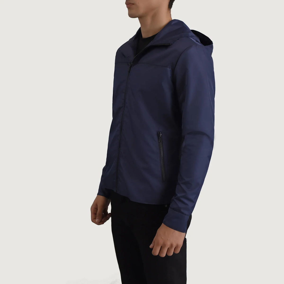 
Blue Full-Grain Leather Hooded Jacket - Hátulnézet precíz vállilleszkedéssel és tiszta szegéllyel