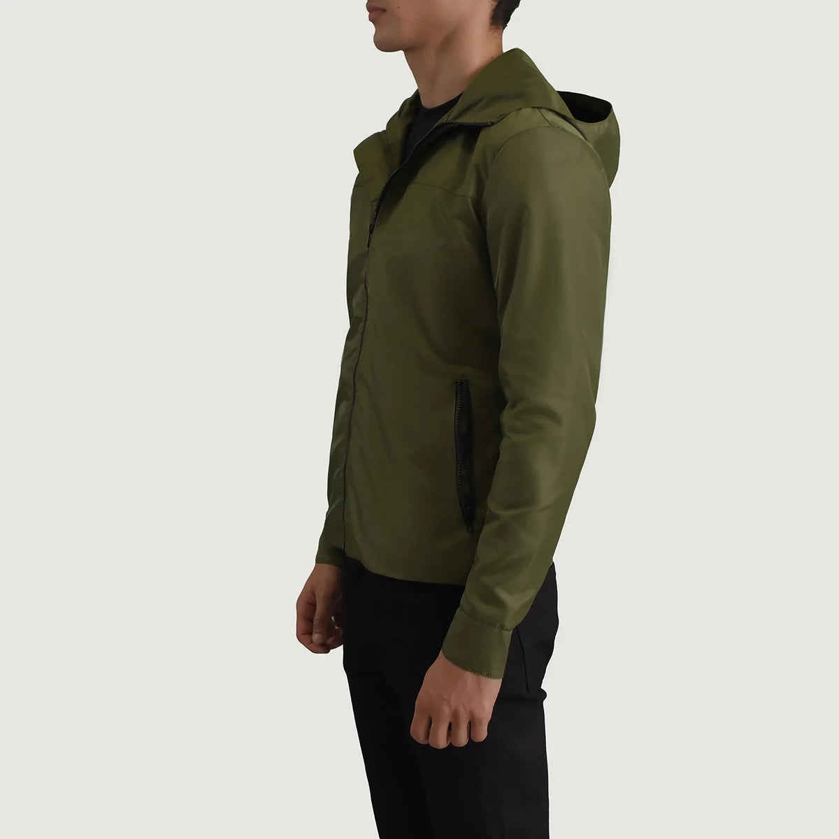 
Green Full-Grain Leather Hooded Jacket - Hátulnézet precíz vállilleszkedéssel és tiszta szegéllyel