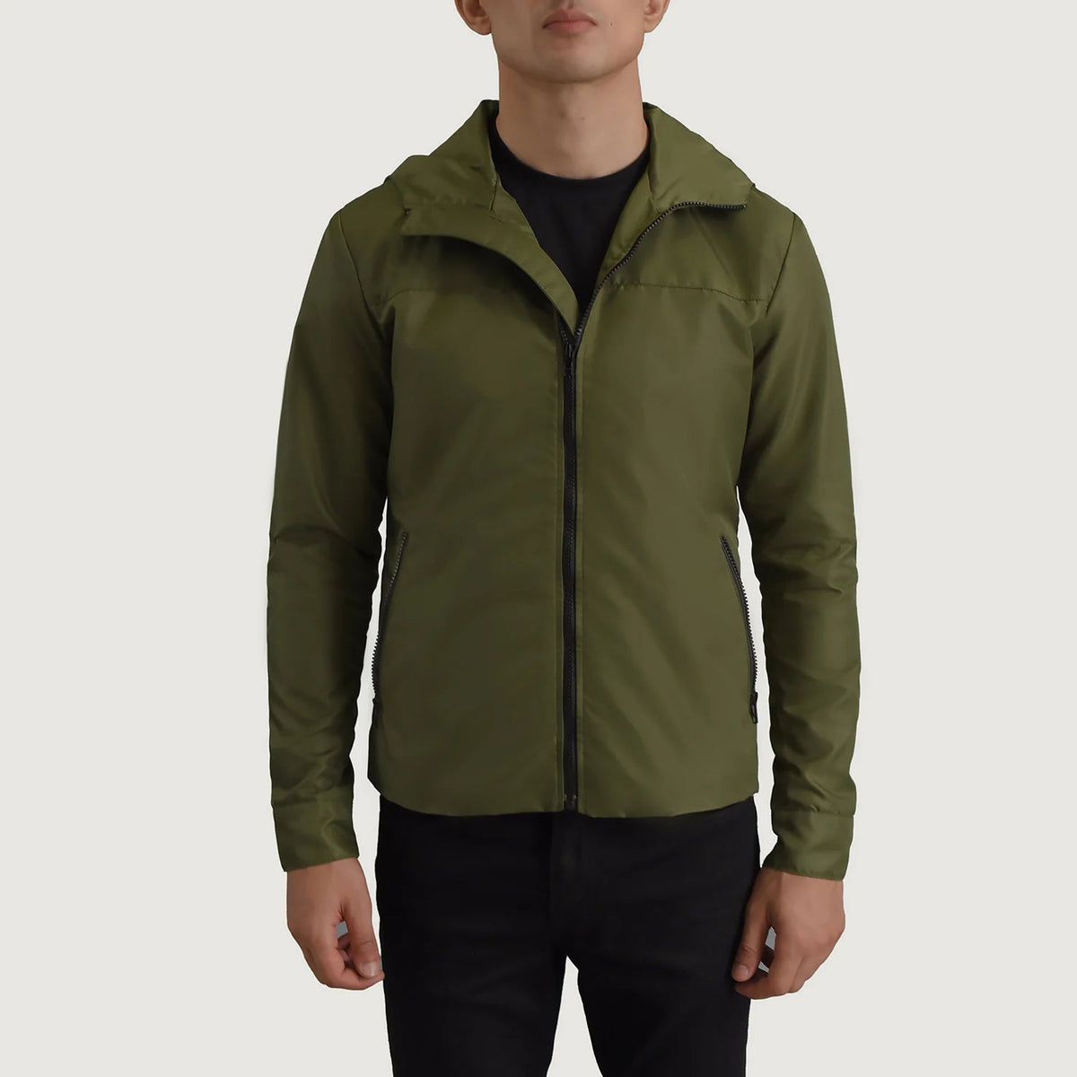 
Közeli részlet of Classic Collar & Zipper With Inside Wind Flap. Hardware on Wesley Zöld Hooded Windbreaker Bőrdzseki Férfi