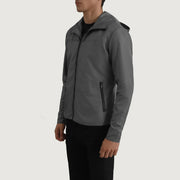 
Grey Full-Grain Leather Hooded Jacket - Hátulnézet precíz vállilleszkedéssel és tiszta szegéllyel