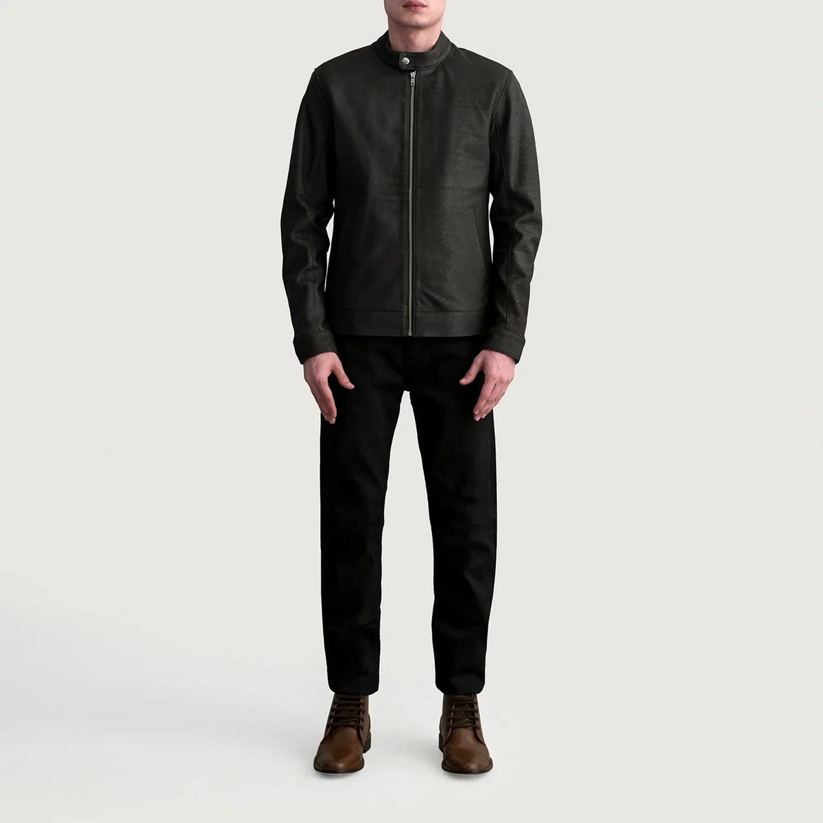 Close-Up Detail of Snap Button & Zipper Hardware on Zen Tumbled Brown Leather Biker Jacket