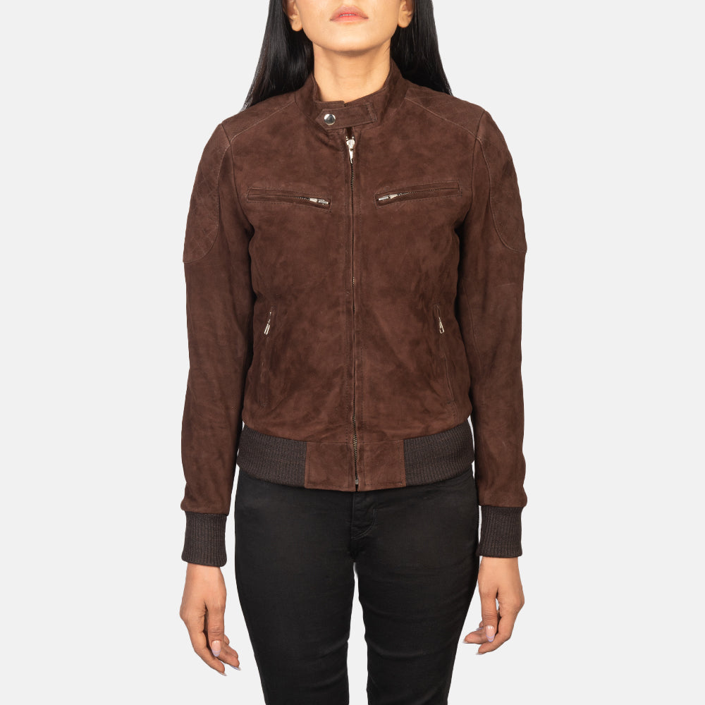 
Közeli részlet of Band with Snap Button & Zipper Hardware on Zenna Mocha Suede Bomber Jacket