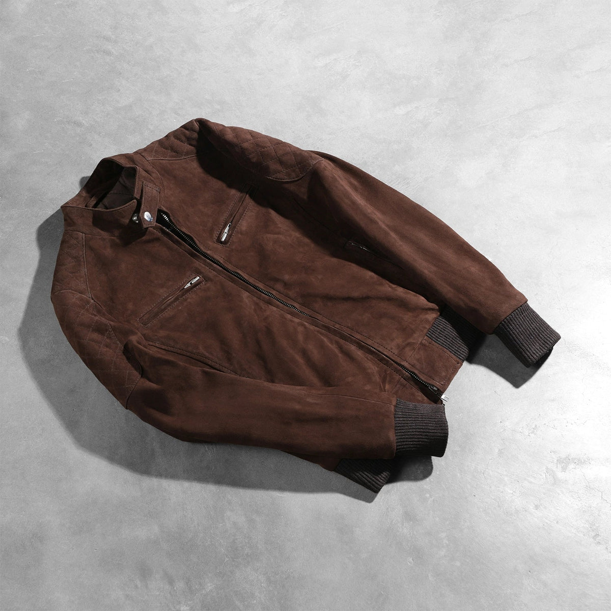 
Rib Knit & Hem Craftsmanship Construction Detail on Zenna Mocha Suede Bomber Jacket